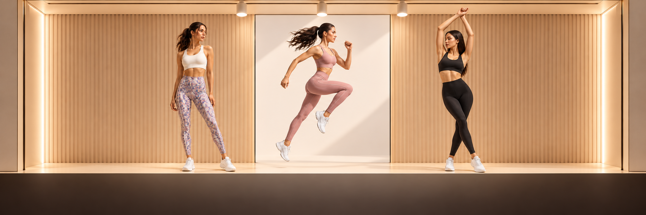 Vitrina DRAKON® con modelos usando leggins deportivos